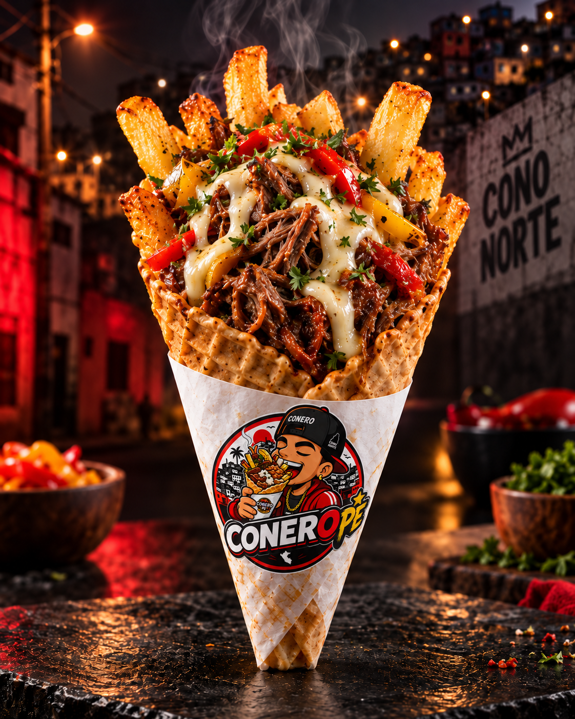 Cono PeruChamo con carne mechada, queso y papas fritas