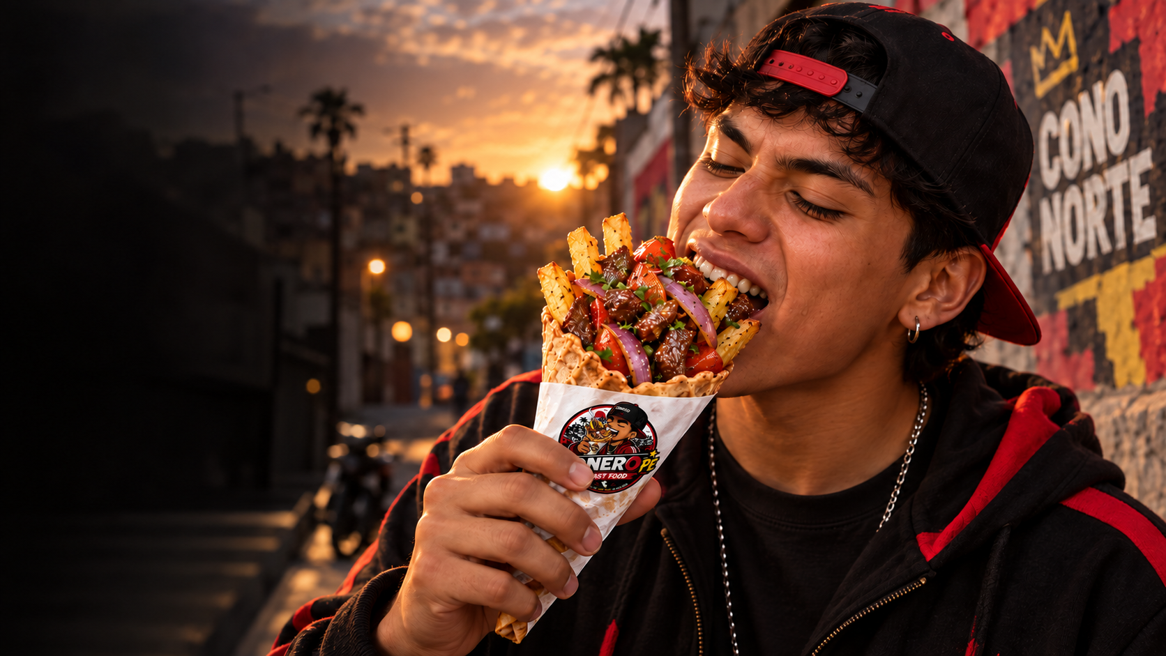 Joven disfrutando un cono de lomo saltado CONERO PE